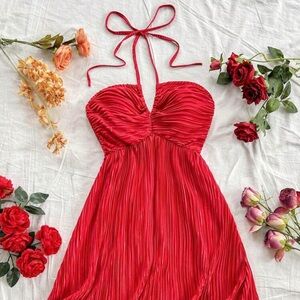 Elegant Red Halter Mini Dress